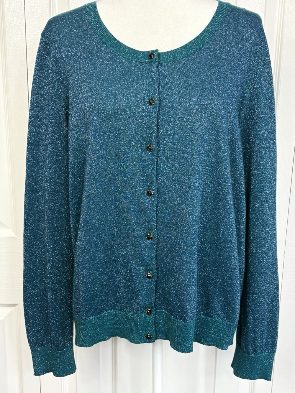 Talbots Teal Blue Metallic Shimmer Jewel Button Down Cardigan Sweater XL